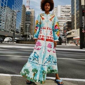 RARE FARM Rio Tie Dye Rainbow Patchwork Maxi Dress Batik Print Blue Size S or M